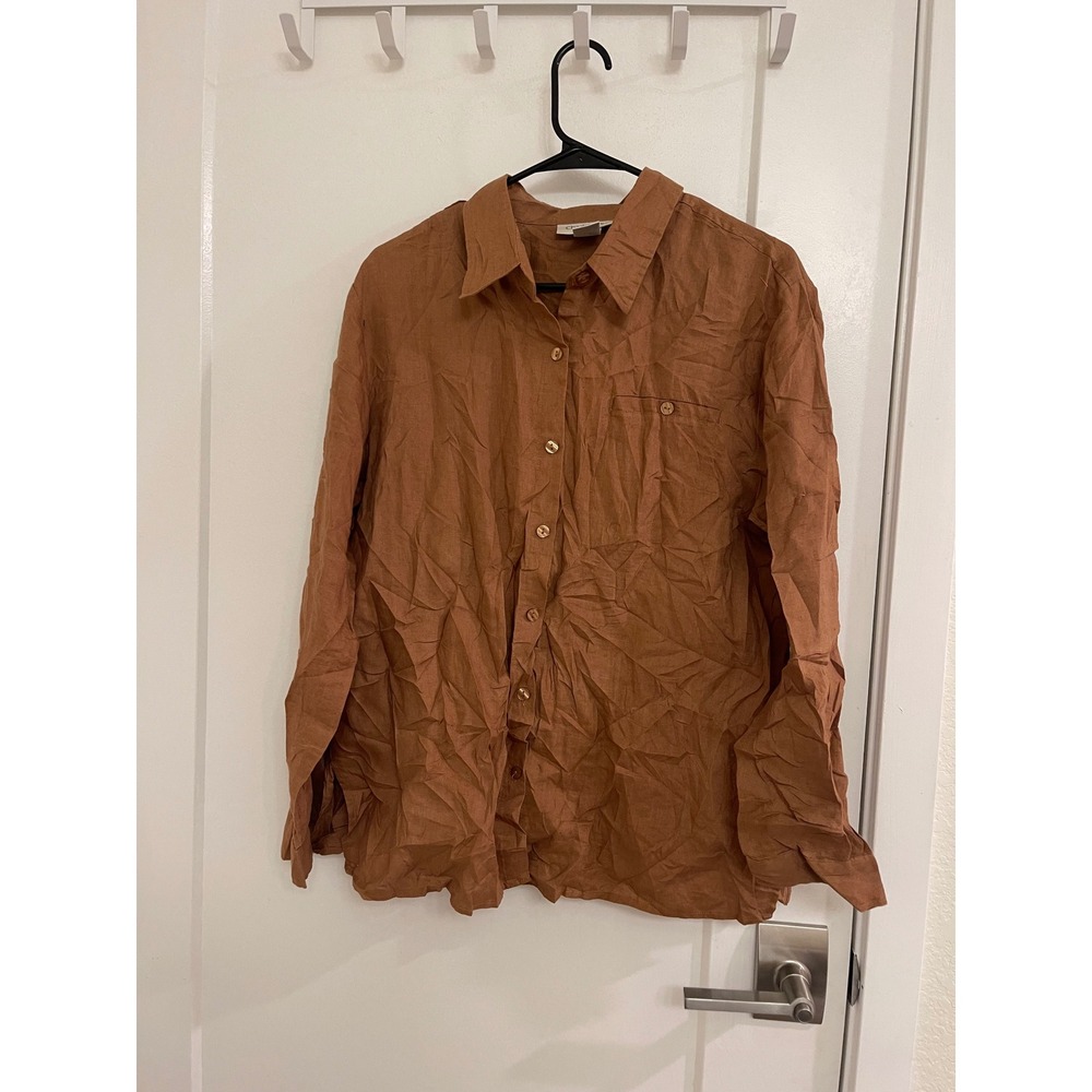 Vintage Linen Brown Button Down Classic Preppy Breathable 90s Womens